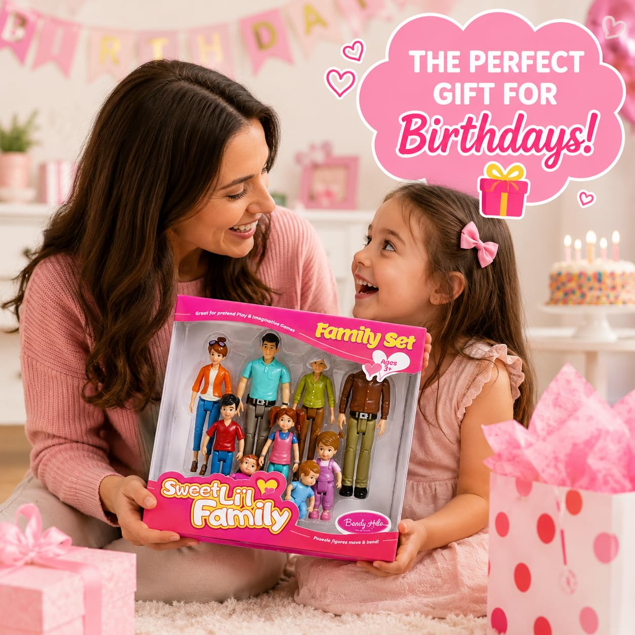Beverly Hills Sweet Li’l Family Bendable Mini Dollhouse Figures | Set of 9 Grandpa, Grandma, Mom, Dad, Sister, Brother, Toddler, Twin Boy & Girl