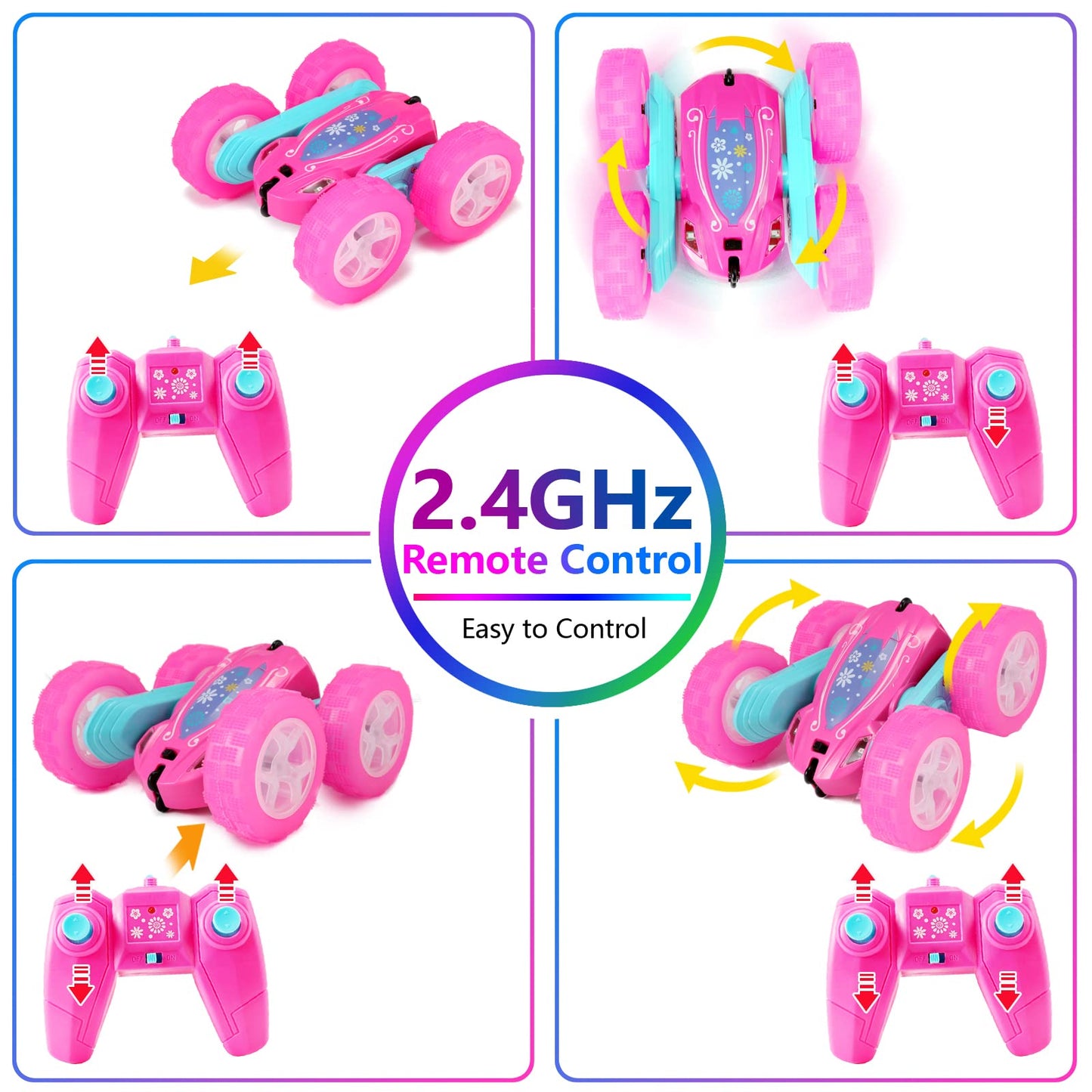 FREE TO FLY Remote Control Car for Girls : Pink RC Car Double Sided 360°Flip Stunt Cars with Headlights & WheelLights Rechargeable Toy Car Birthday
