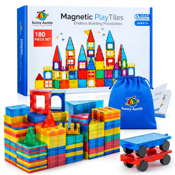 SUNNY AUNTIE Magnetic Tiles STEM Toys Building Set, Ages 3+ - 180 Pieces