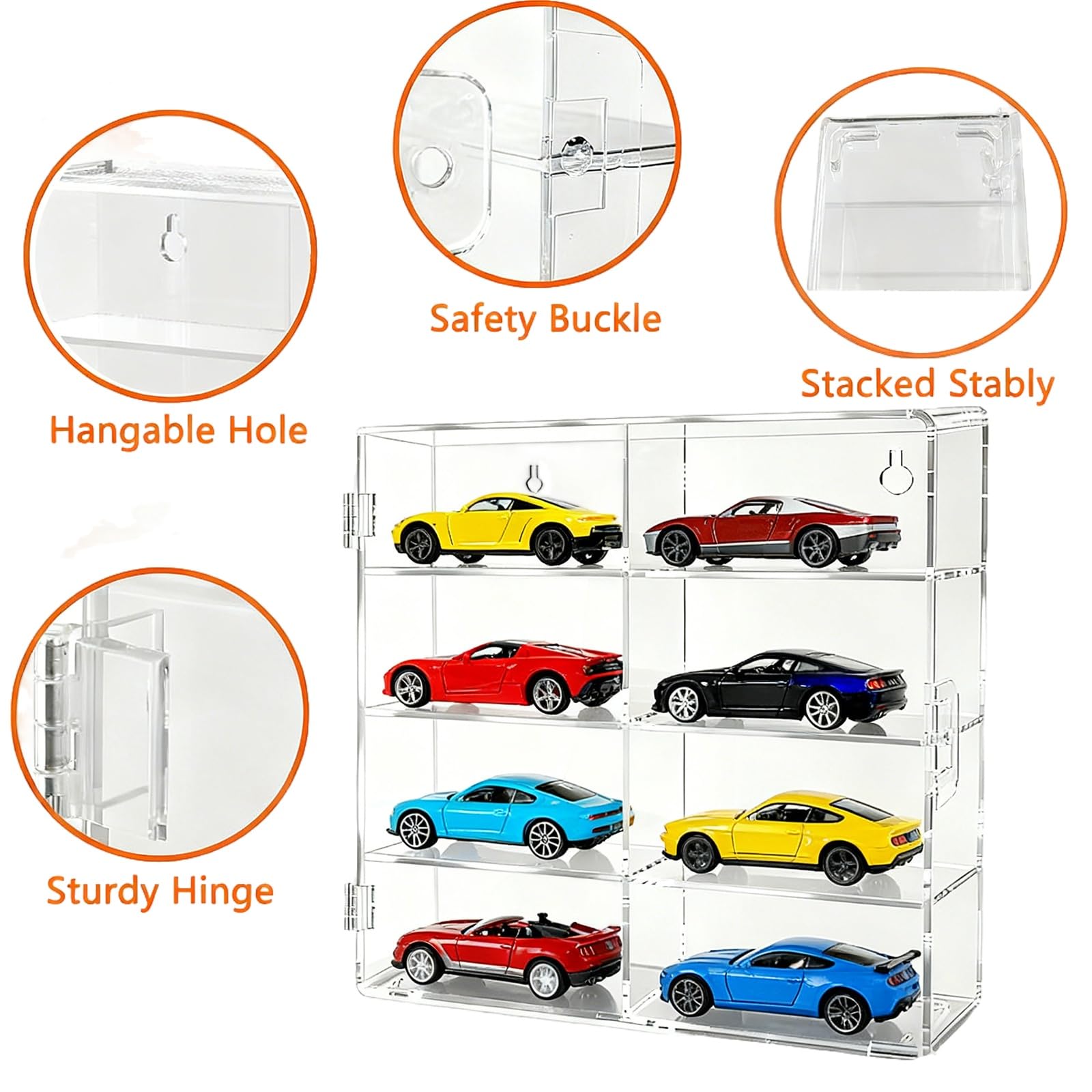 4-Pack Clear Display Case for 1/64 Scale Die-Cast Cars, Compatible with Hot Wheels & Matchbox, Wall-Mountable & Stackable Toy Car Storage Boxes, Holds