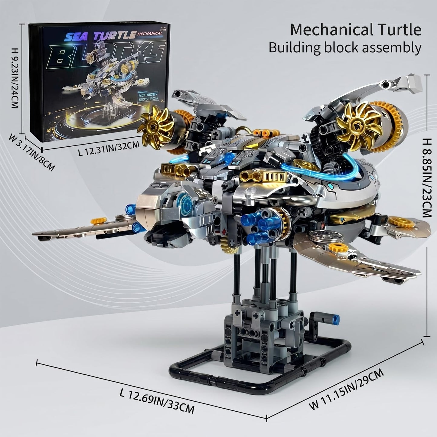 Mechanical Sea Turtle Building Set - 1277 PCS Steampunk Ocean Animal Model Kit with Moving Gears & LED Light, Technic-Style Construction Toy
