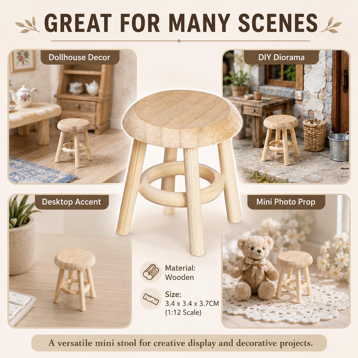 Miniature Wooden Stool, 1:12 Scale Furniture, DIY Living Room Accessories, Wooden Color Dollhouse Living Room, Dollhouse Accessories