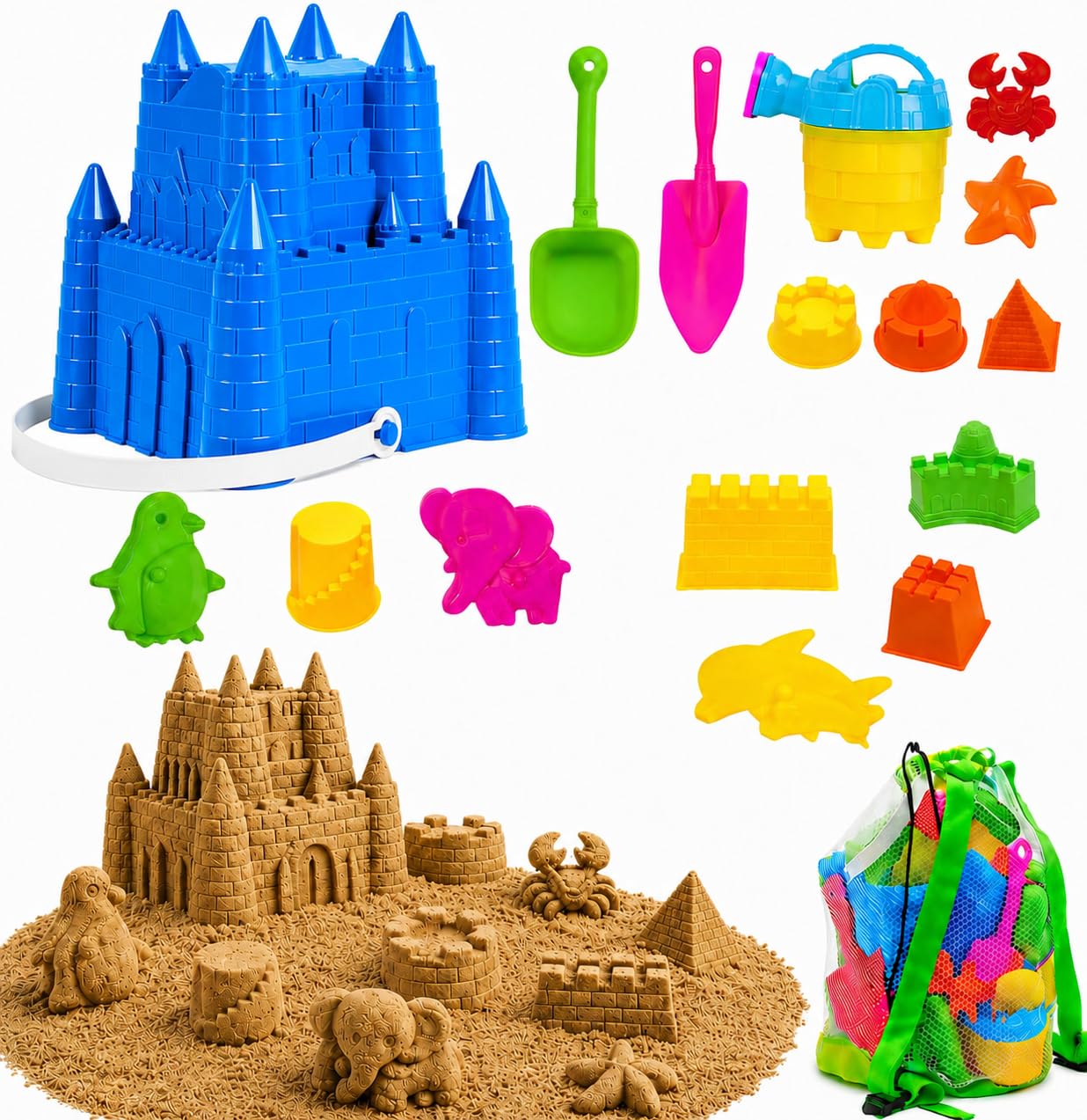 4E's Novelty Beach Toys for Kids with Bag (17 Pcs Set) Castle Beach Bucket with Shovels & Molds Kit - Sand Toys Set for Toddlers with Mesh Beach Bag