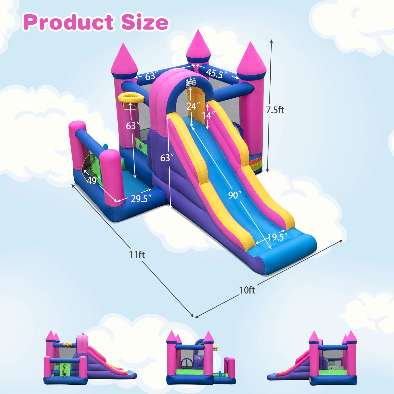 BOUNTECH Inflatable Bounce House, Princess Bouncy House with Long Slide & Ball Pit & Basketball Pit for Kids 3-10, Birthday Party Toddler Bounce House
