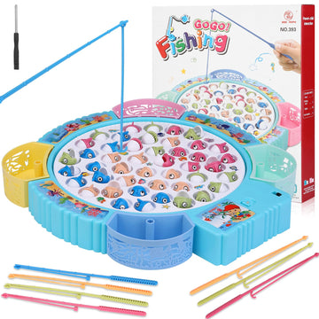 Pakoo Magnetic Fishing Game Toys, Rotating Board Game with Music Including 45 Fishes and 8 Fishing Poles, Christmas Party Game Toys for Kids Age 3 4 5