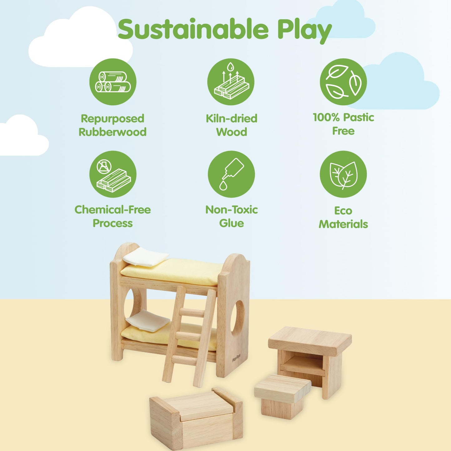 PlanToys® Wooden Children’s Room Classic Set for Montessori Small World Play | Creative Role Play and Social Interaction | Eco Friendly Wooden
