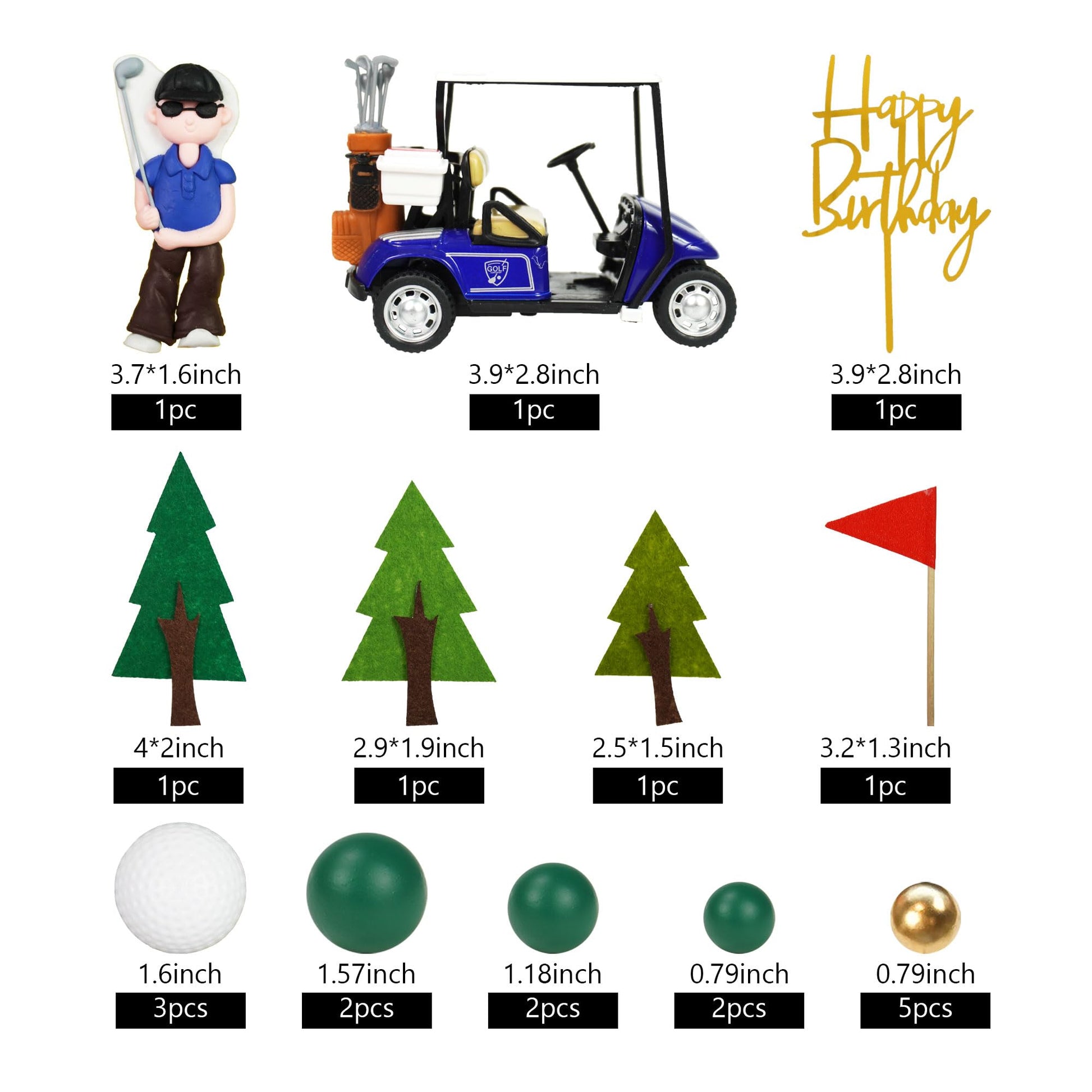 Golf Cake Toppers Golf Carts Clay Golf Figurine Cake Decorations with Green Gold Balls Red Flag Trees for Golf Sport Theme Birthday Supplies (01)