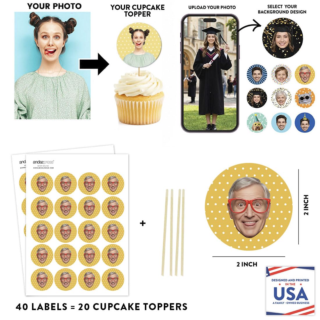 Andaz Press 20 Custom Cupcake Toppers, Personalized Cupcake Topper with Custom Face Photo, Name, Customized Cupcake Toppers for Graduation, Birthday