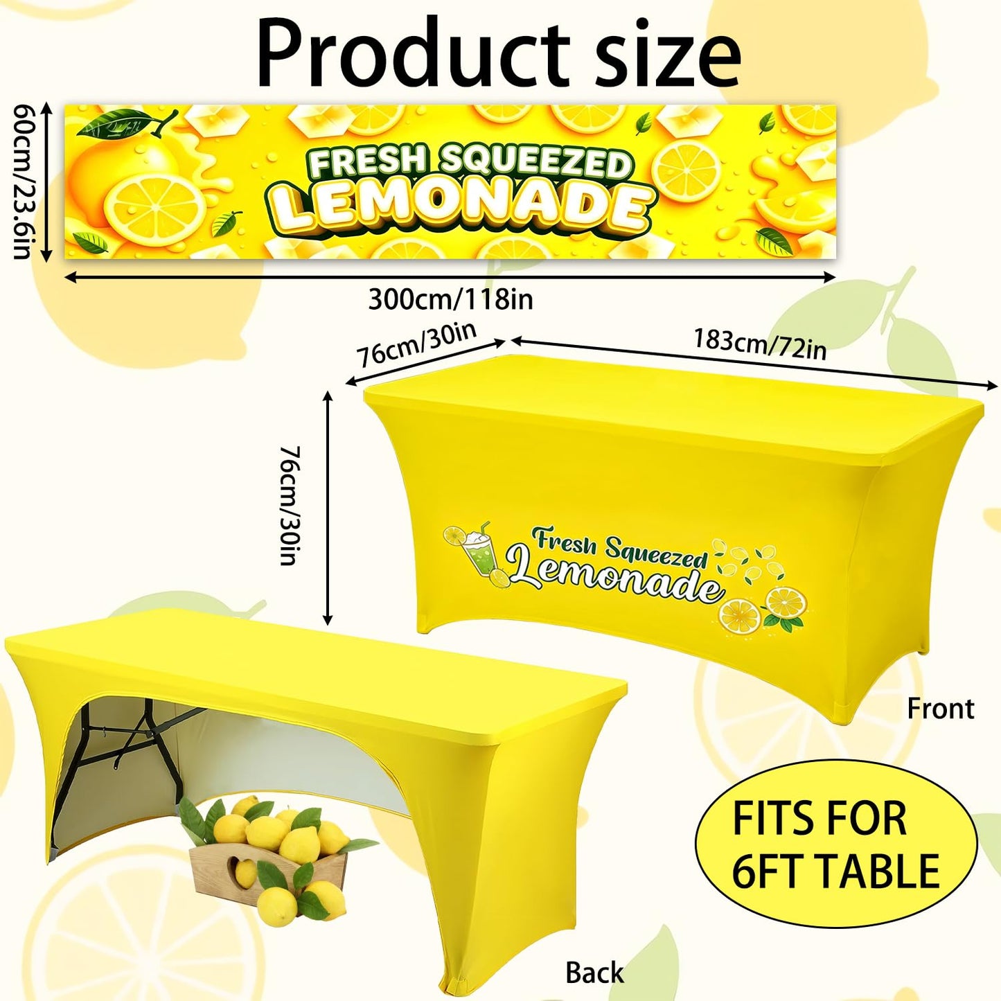 GOGOBAY 6 ft Yellow Lemonade Stand Open Back Tablecloth with 2 x 10 ft Lemonade Vinyl Banner, Stretch Spandex Table Cover for Lemonade Stand Supplies
