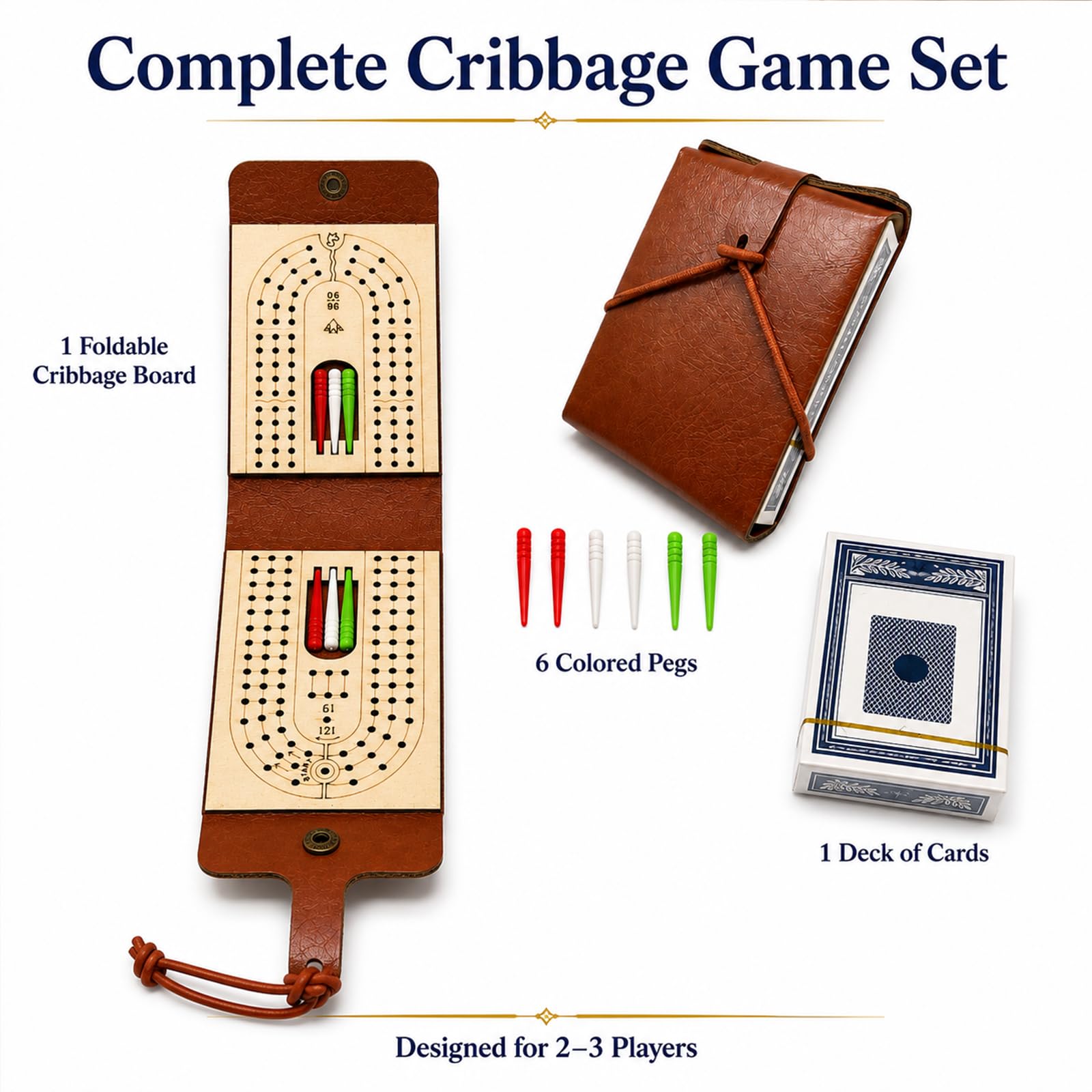 Foldable Travel Cribbage Board Game Set, Portable Leather Cribbage Board with Card & Peg Storage, Includes 6 Pegs & 1 Deck for Adults & Family Game