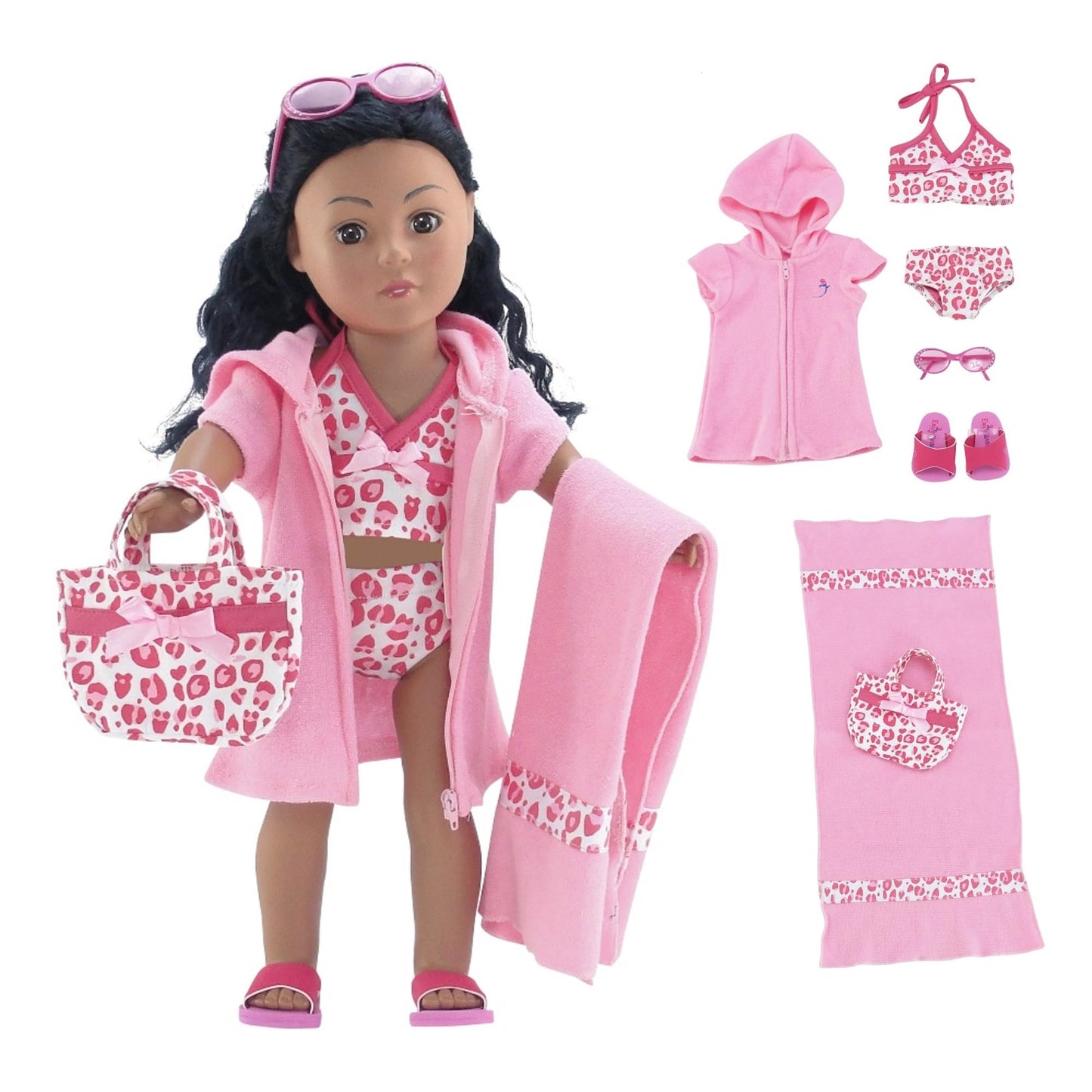 Emily Rose 18 Inch Doll Bathing Suit Set - 7 Piece Tankini Swimsuit Outfit with Hooded Coverup, Towel, Sunglasses, Sandals & Tote Bag - Doll NOT