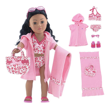 Emily Rose 18 Inch Doll Bathing Suit Set - 7 Piece Tankini Swimsuit Outfit with Hooded Coverup, Towel, Sunglasses, Sandals & Tote Bag - Doll NOT