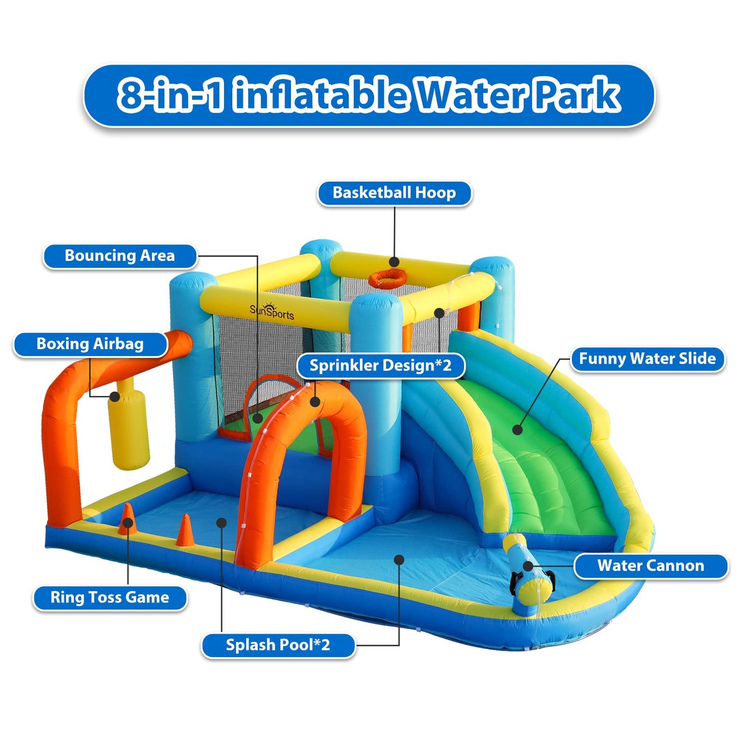 SunSports Inflatable Water Slide,Bounce House with Slide for Indoor Party,Bouncy Castle with for Kids Outdoor, Water Slides for Backyard,Inflatable