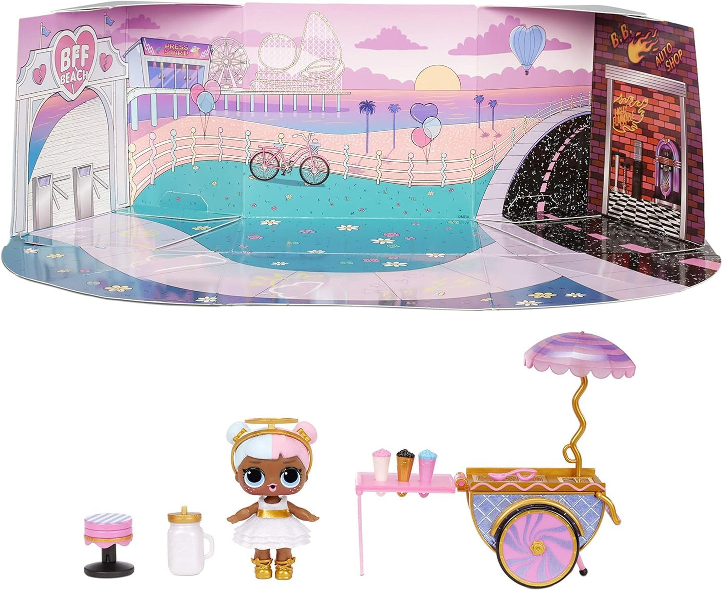 L.O.L. Surprise! LOL Surprise Furniture Sweet Boardwalk with Sugar Doll and 10+ Surprises, Doll Candy Cart Furniture Set, Accessories