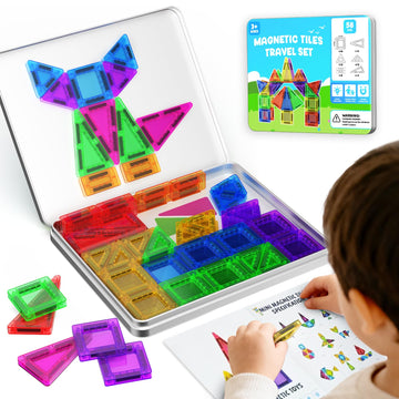 GleamJoy Mini Magnetic Tiles, 58PCS Travel Magnetic Tiles with Iron Box, STEM Educational Construction Toys for Kids Ages 3+, Portable Building Toys