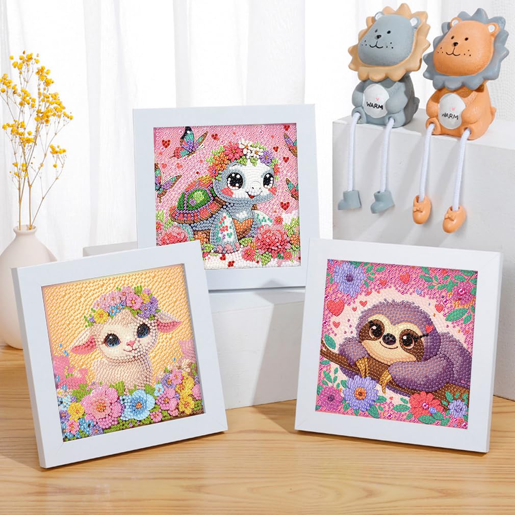 FQOVKYN 4Pcs 5D Cute Animals Diamond Art Kits for Kids, DIY Diamond Art Painting Mosaic Kits for Adults Beginner, Full Drill Small Diamond Gem Art