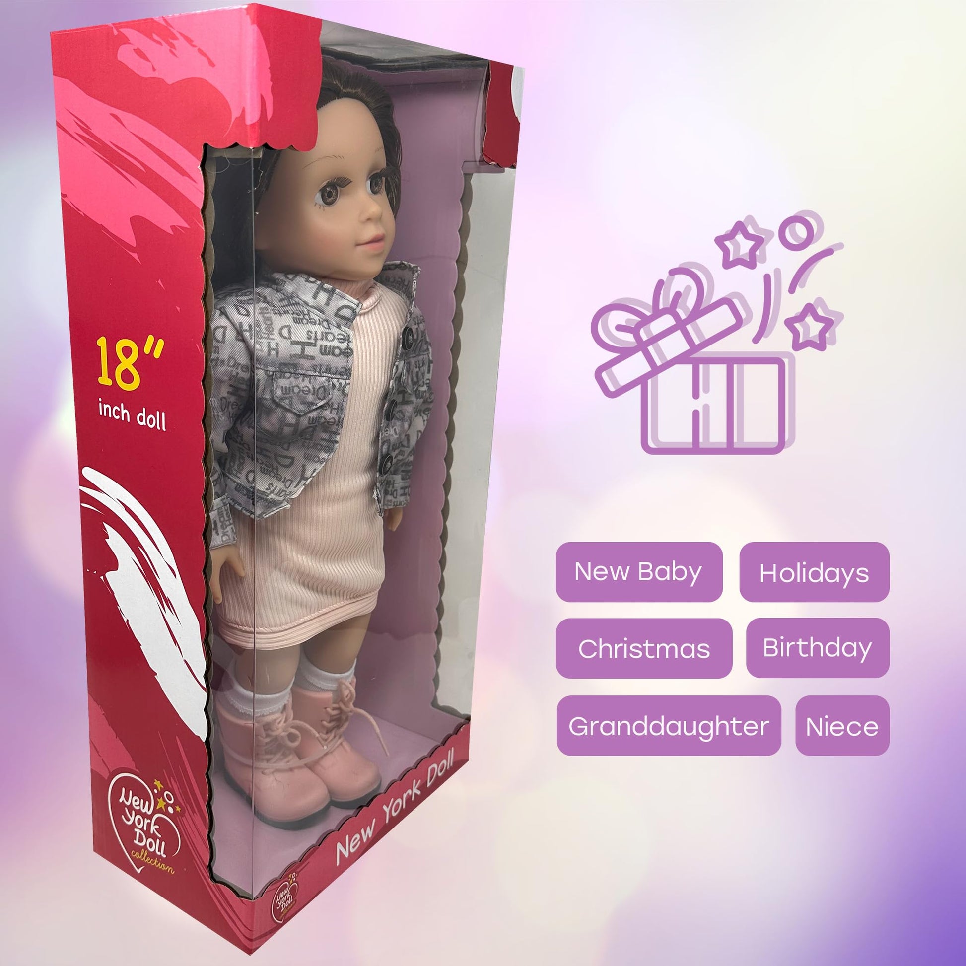 18 Inch Dolls with Soft Hair - Soft Body 18 inch Doll, Poseable Vinyl Arms & Legs, Dress Outfit - Cute 18" Doll Set for Girls