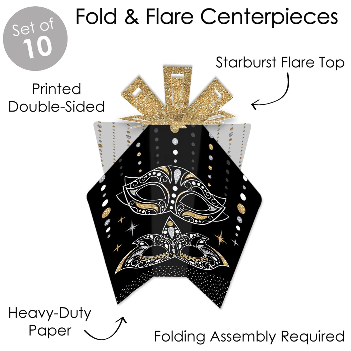 Big Dot of Happiness Masquerade - Table Decorations - Venetian Mask Party Fold and Flare Centerpieces - 10 Count