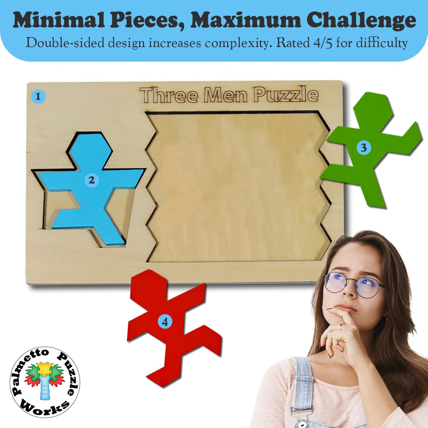 Palmetto Puzzle Works Three Men Wooden Brain Teaser Game Shape Challenge for Ages 14+ Educational Logic Game for Teens Adults STEM Wooden Puzzle Toy