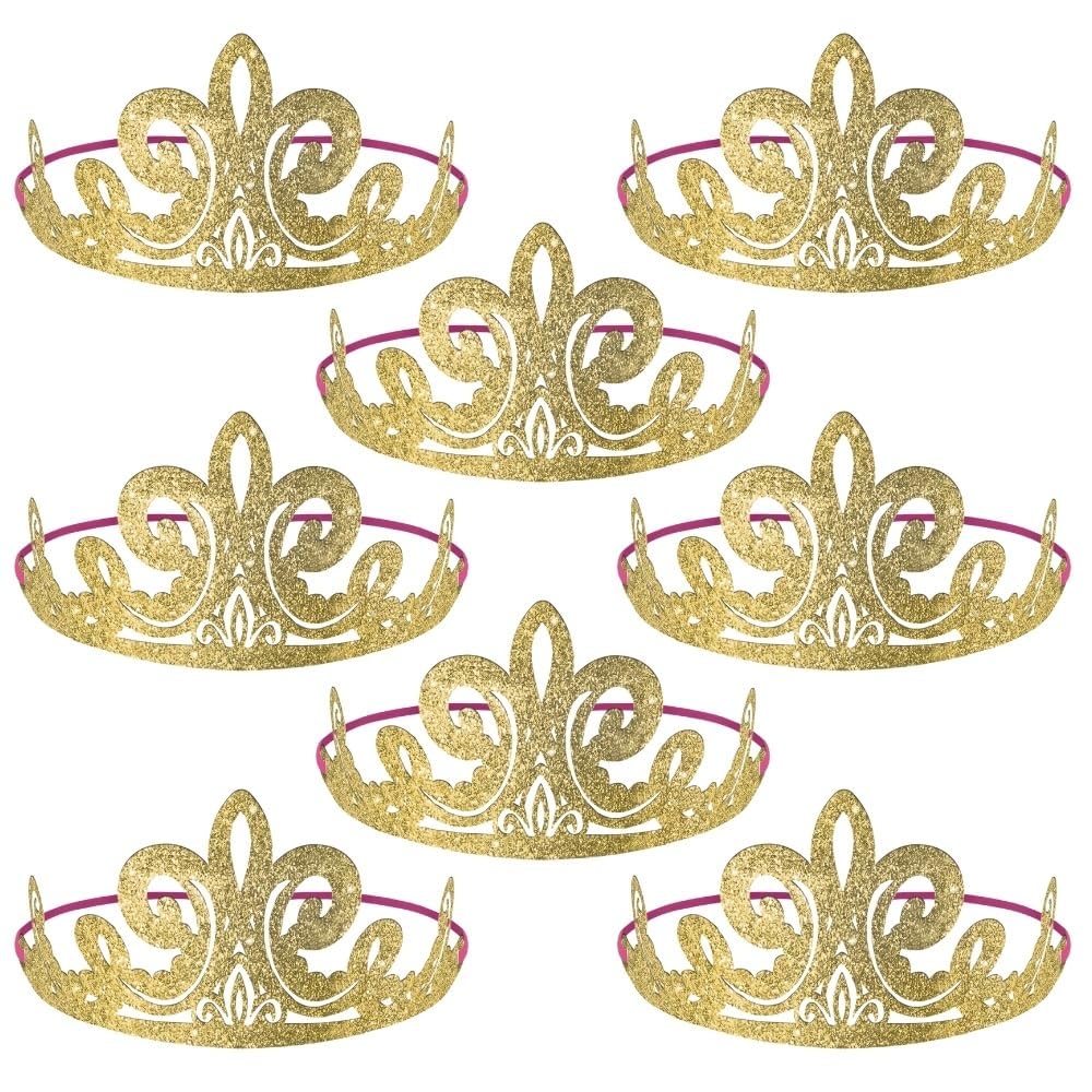 Disney Princess Glitter Paper Tiaras - 3.5" x 6.2" (Pack of 8) - Gold Paper Royalty Crown Accessory, Perfect for Kids Parties and Dress Up Fun
