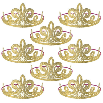 Disney Princess Glitter Paper Tiaras - 3.5" x 6.2" (Pack of 8) - Gold Paper Royalty Crown Accessory, Perfect for Kids Parties and Dress Up Fun