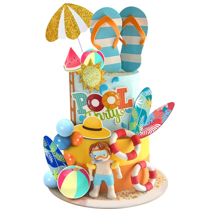 21 PCS Beach Cake Topper Summer Hawaiian Cake Decorations with Slipper and Swimmer Clay for Swimming Pool Aloha Birthday