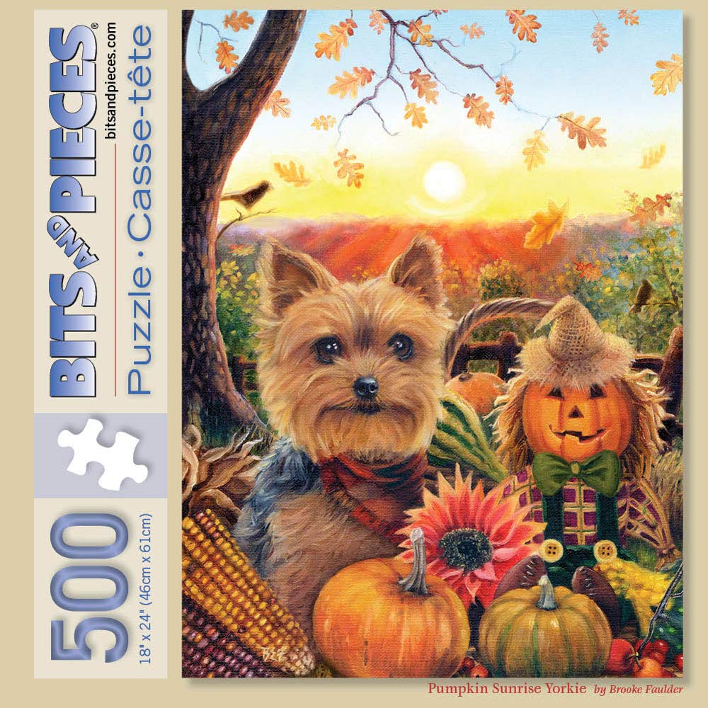 Bits and Pieces - 500 Piece Jigsaw Puzzle for Adults - Pumpkin Sunrise Yorkie - Puppy Dog Fall Autumn Corn Scarecrow Jigsaw Puzzle by Artist Brooke