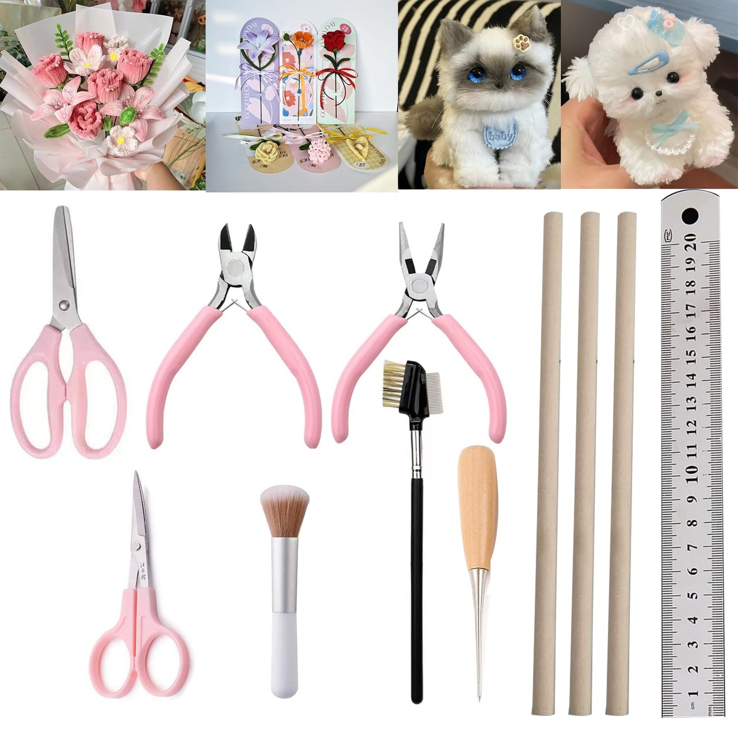 FOWUIKOH Pipe Cleaners Craft Tools Kits DIY Hand Tools Pipe Cleaner Flower kit Tools for Beginner Scissors, rulers, Pliers, Brushes (13 Tools Set)