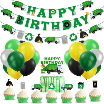 Bessmoso 56 Pcs Garbage Truck Birthday Decoration Trash Truck Birthday Banner, Latex Balloons, Cake Topper, Cupcake Toppers Trash Waste Management