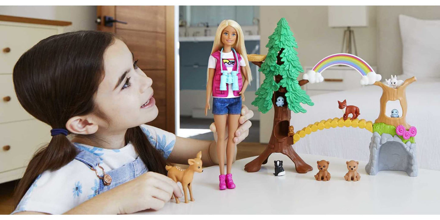 Barbie Wilderness Guide Doll and Playset, Blonde Fashion Doll with 10 Animal Figures, Tree, Rainbow and More