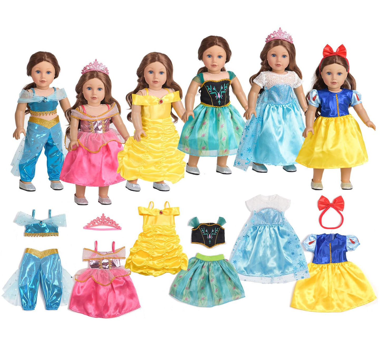 Sweet Dolly 18 Inch Doll Clothes 6 Sets Princess Dresses Accessories Costume Jasmine Aurora Belle Snow White for 18 Inch Dolls