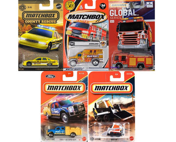 Matchbox Utility/Emergency Random 5 Pack! (Police, Ambulance, Construction, etc.) Assorted Variety Mystery Bundle [No Duplicates!] [Styles May Vary]