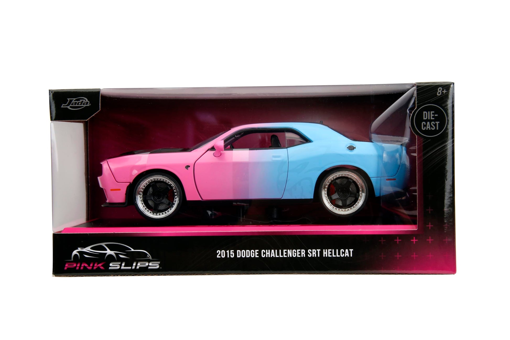 Jada Pink Slips 1:24 W5 2015 Dodge Challenger SRT Hellcat Die-Cast Car w/Base, Toys for Kids and Adults(Pink/Blue Gradient)