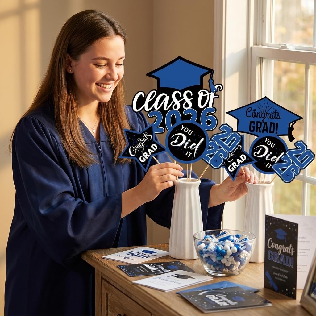 20 Pcs Blue Black Class of 2026 Congrats Grad Table Centerpieces Sticks for Graduation Party Decorations Congrats Decorations
