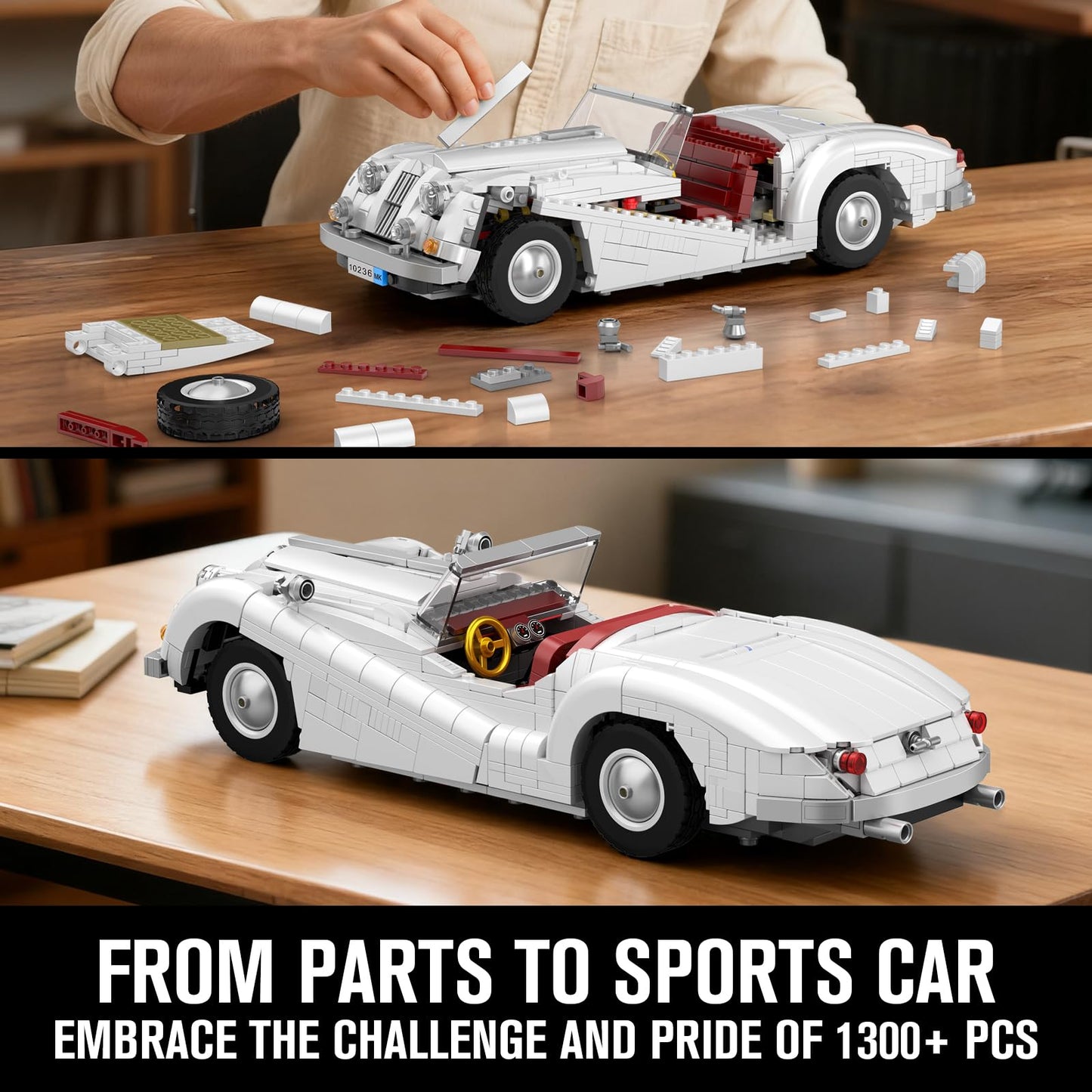 Mould King 10236 Classic Vintage Convertible Car Building Sets, White Retro Sports Car Building Block Kit, Collectible Model Cars Kits for Adults
