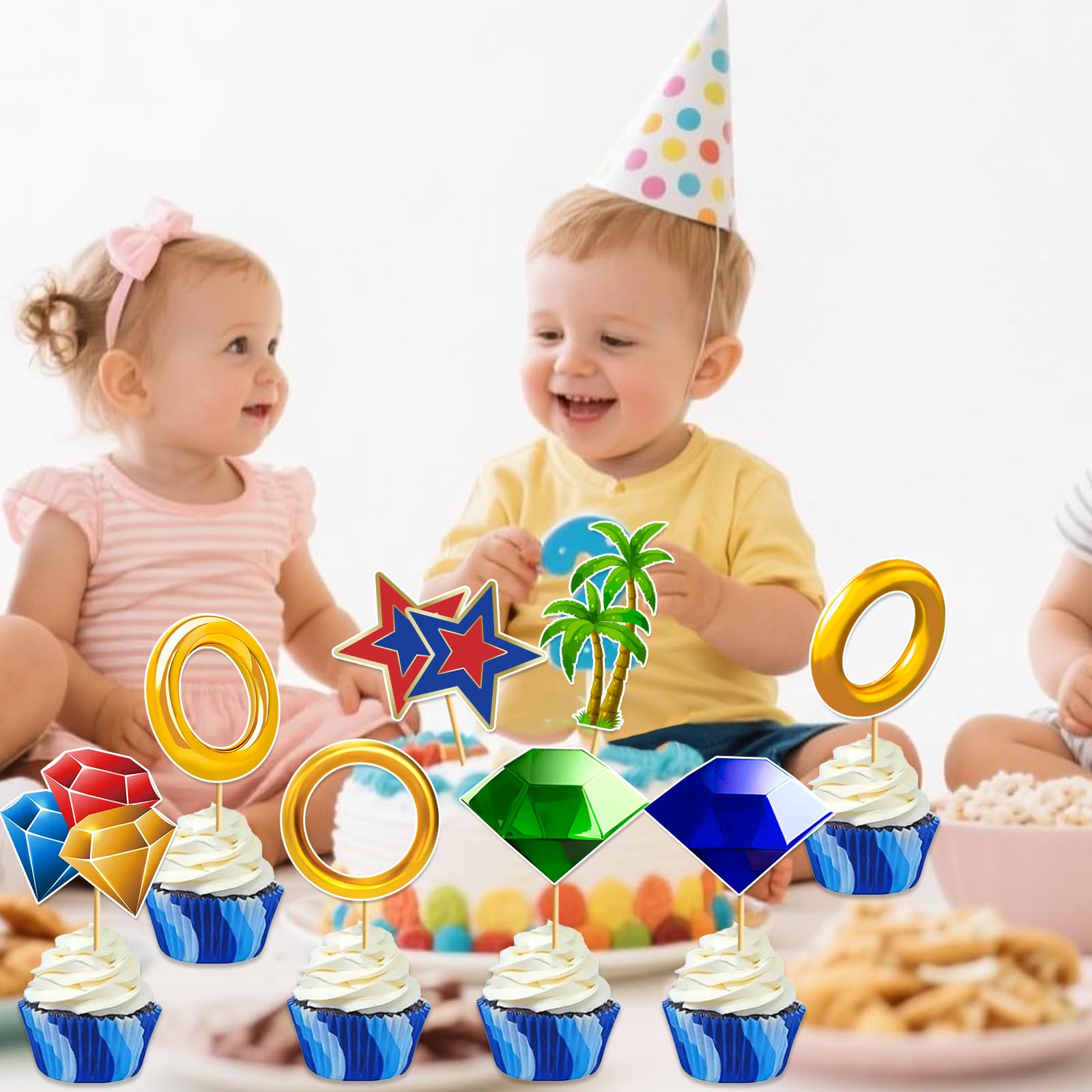 Tentaquil 48pcs Blue Hedgehog Theme Cupcake Toppers - Video Game Party Decorations Kids Birthday Cake Picks Cartoon Style Party Supplies