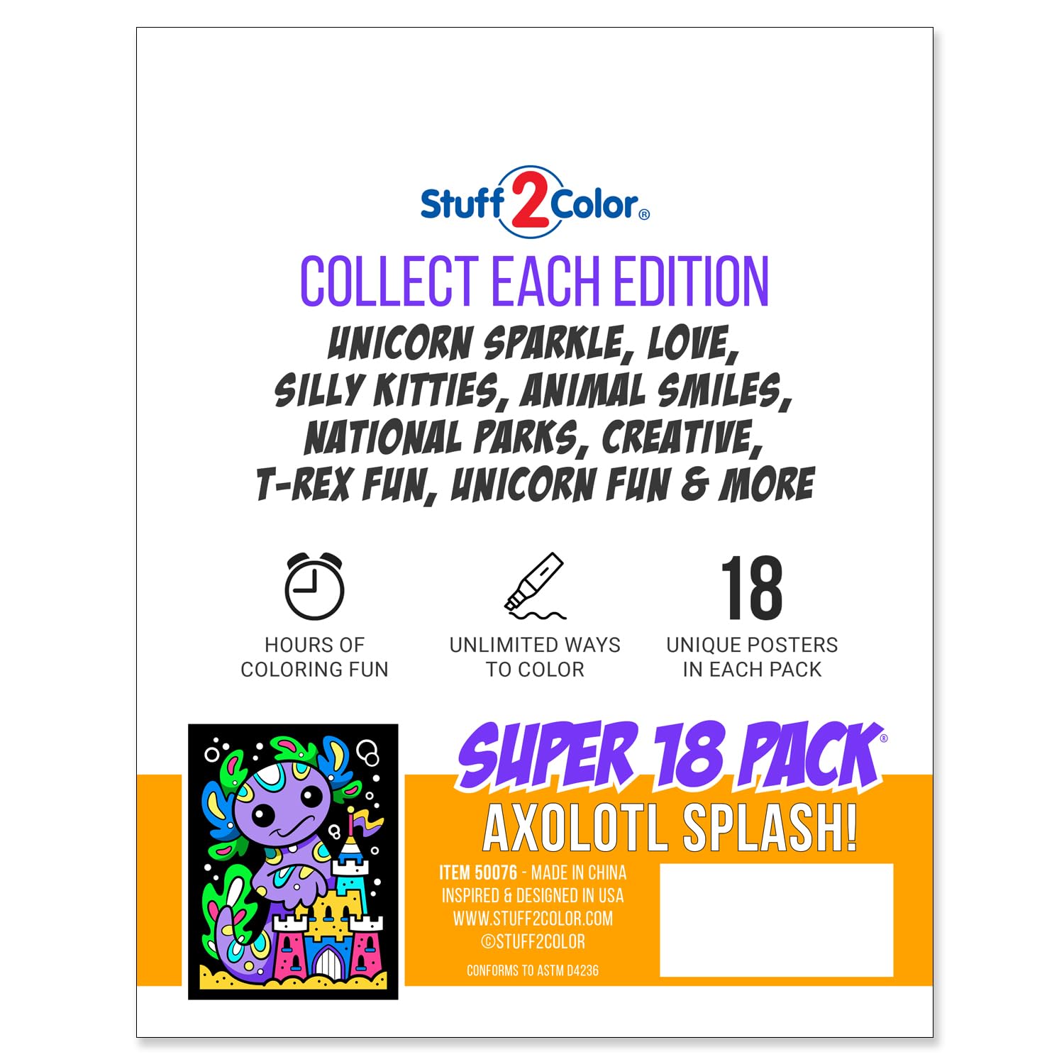 Stuff2Color Axolotl Splash! Fuzzy Velvet Coloring Posters - Super Pack of 18 Cute Axolotl & Ocean Animal Coloring Pages for Kids | Arts & Crafts