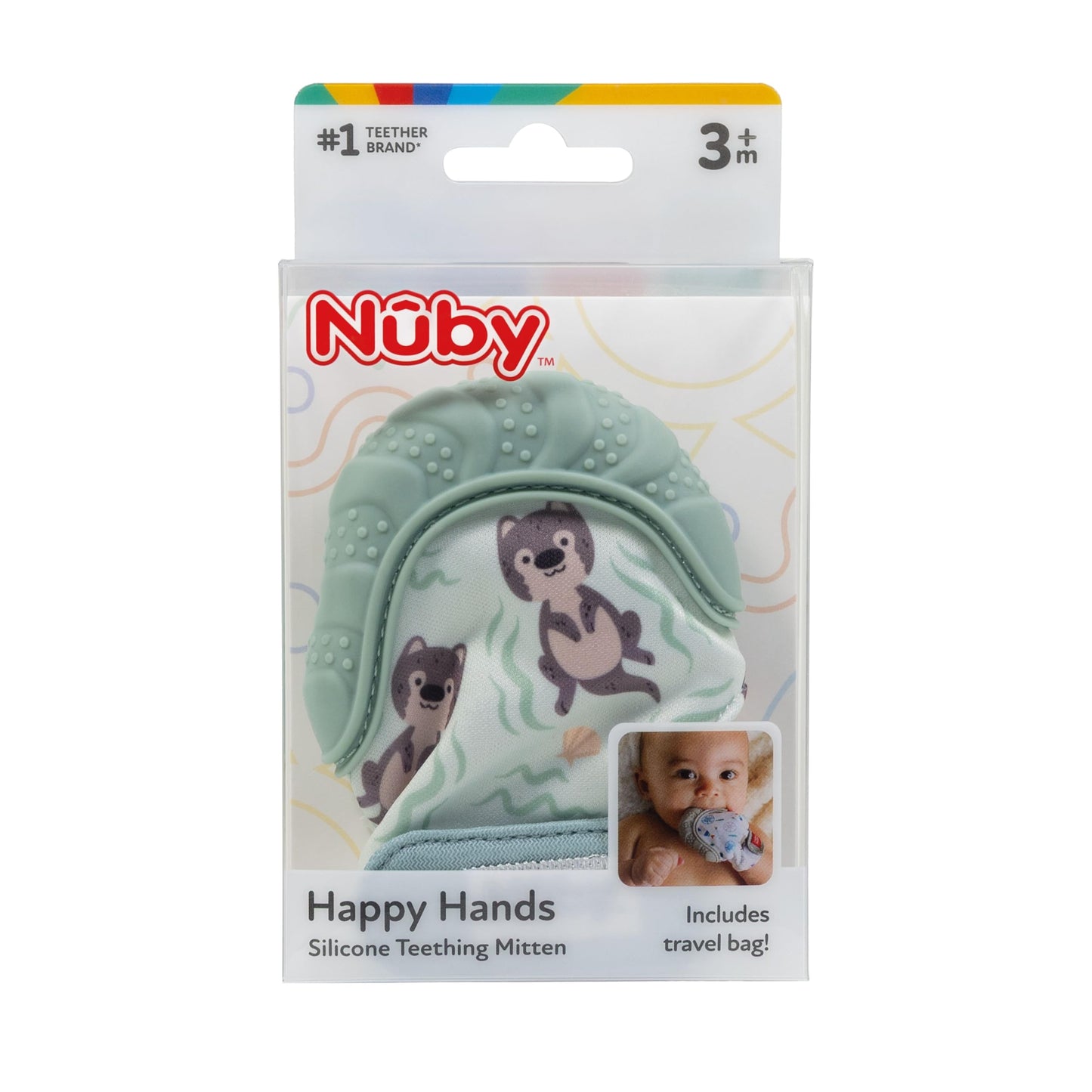 Nuby Happy Hands Silicone Teething Mitten for Babies - Soft Silicone Massaging Teether - Soothes Sore Gums - Easy-to-Wear and Machine Washable - 3+