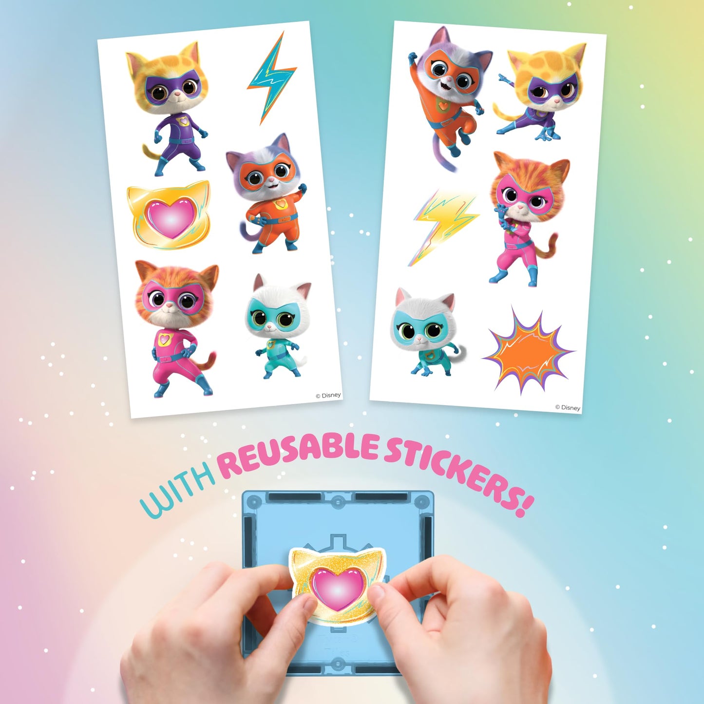 Tytan Official Disney Junior SuperKitties Magnetic Tile Set - 17-Piece STEAM Building Toy with Glitter & Printed Tiles, Reusable Stickers, Storage Bag