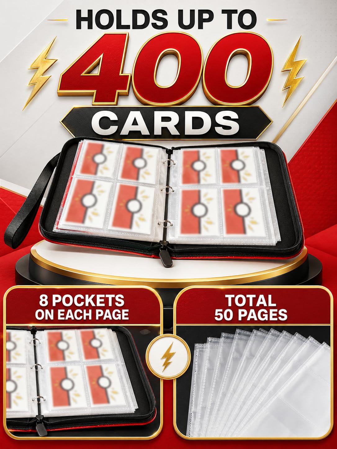 Trading Card Binder for Kids - 400 Cards Capacity Zipper Album with Portable Strap, Double Sided 8 Pocket Pages for MTG Yu-Gi-Oh Baseball Card