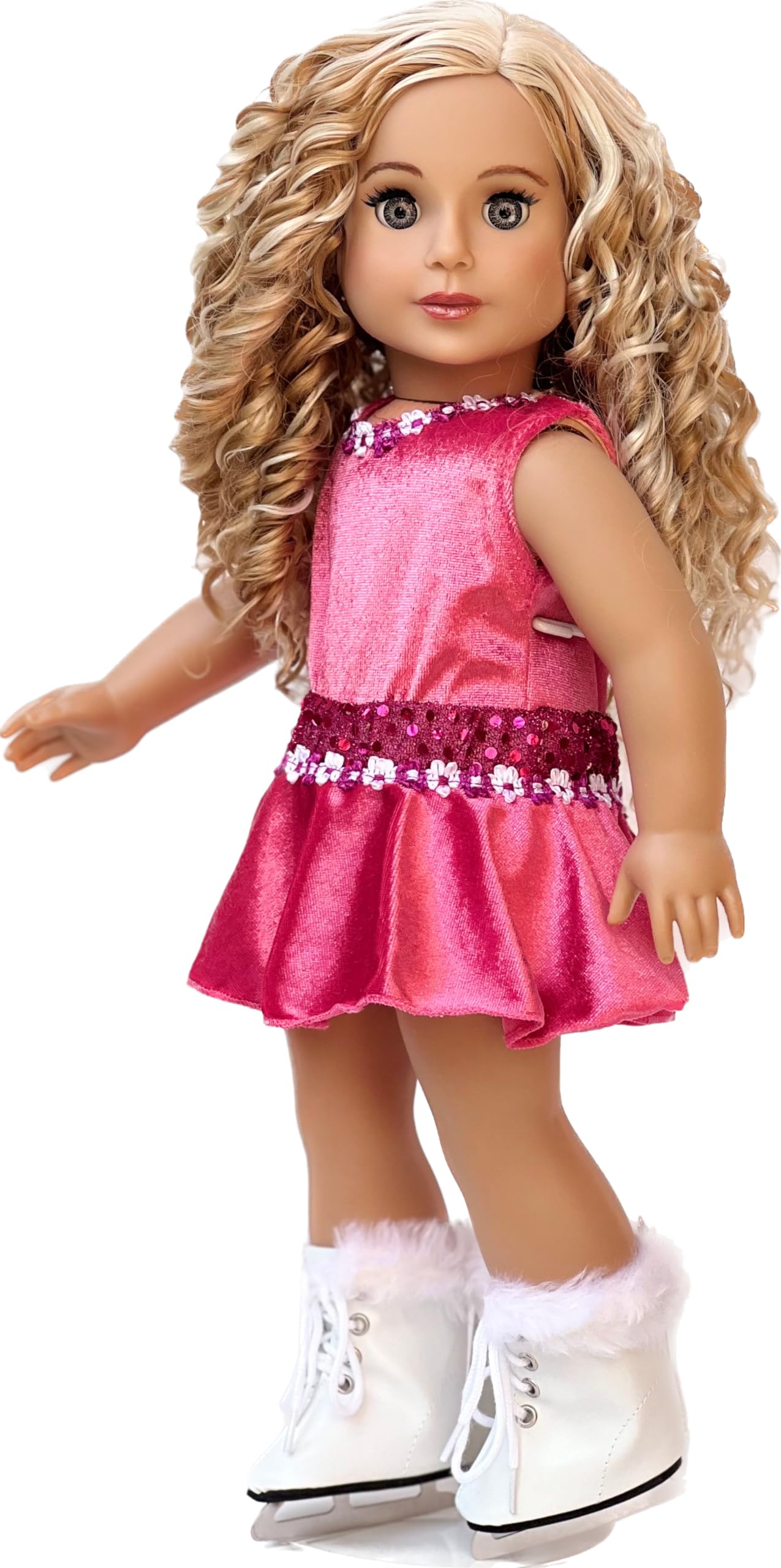 Ice Skating Girl - 4 Piece Ice Skating Outfit for 18 Inch Doll - Pink Leotard with Skirt, White Warmup Sweater and White Ice Skates - 18 Inch Doll