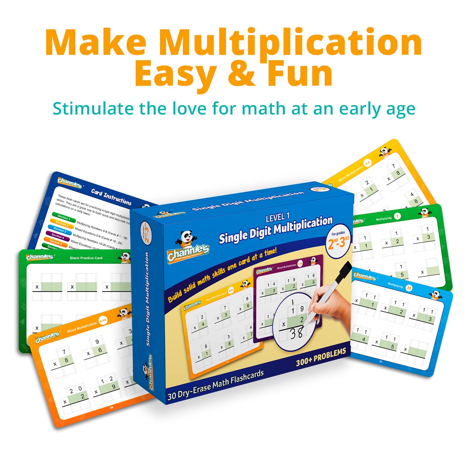 Channie’s Single Digit Multiplication Flashcards, 30 Double-Sided Dry Erase 2nd - 3rd Grade Multiplication Flash Cards, Easy-to-Use Level 1