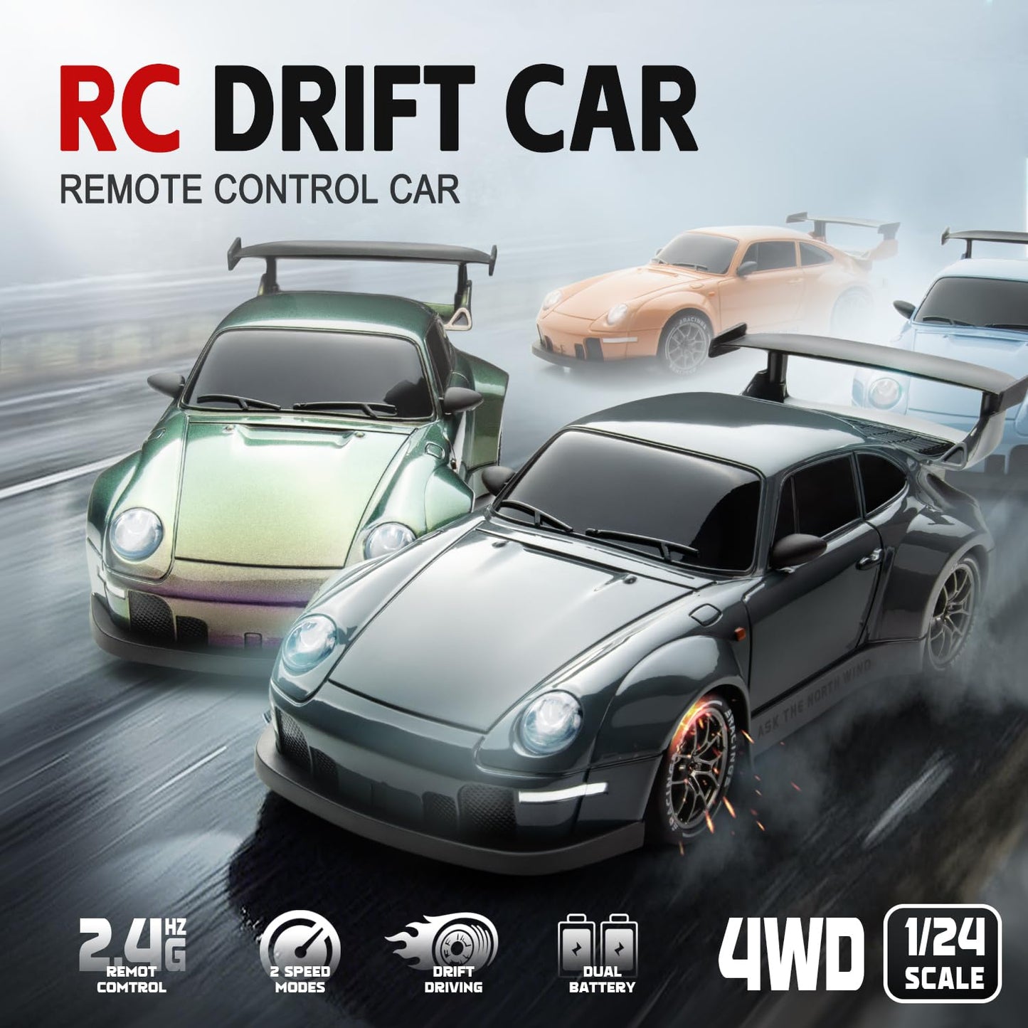 Nowzeth RC Drift Car 1/24 Widebody Grey Remote Control Drift Car for Adults