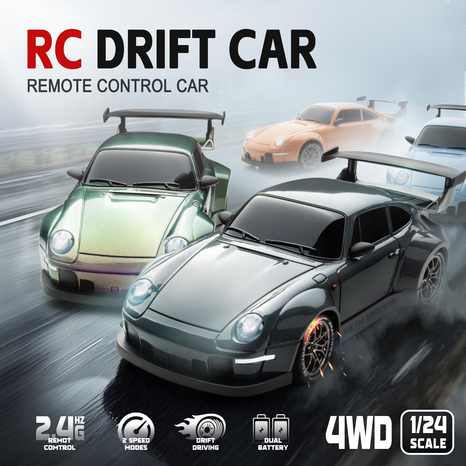 Nowzeth RC Drift Car 1/24 Widebody Grey Remote Control Drift Car for Adults