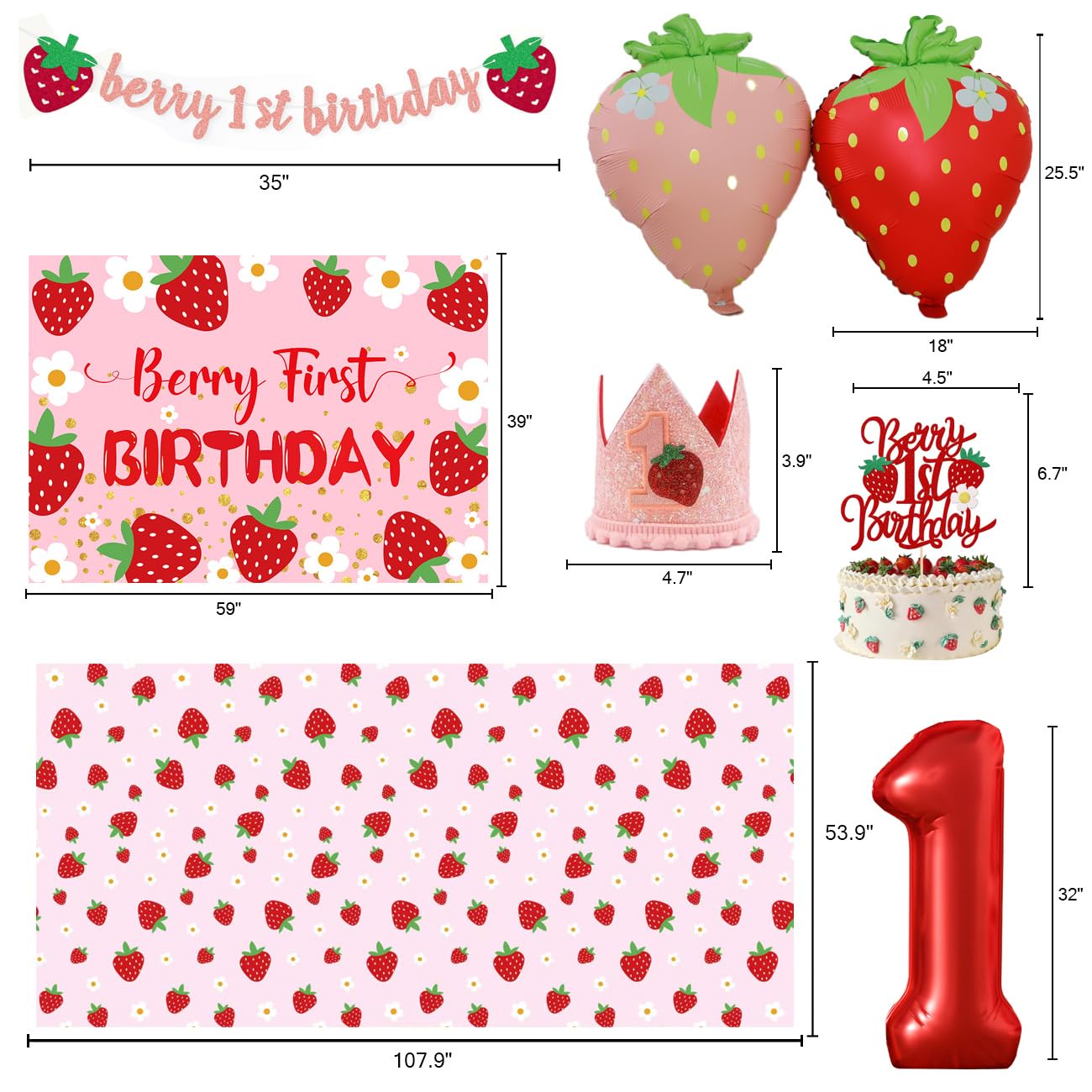 Berry Baby Girl 1st Birthday Decor, Strawberry First Birthday Decorations for Girls with Balloon Arch, Party Backdrop,Photo Banners,Cupcake