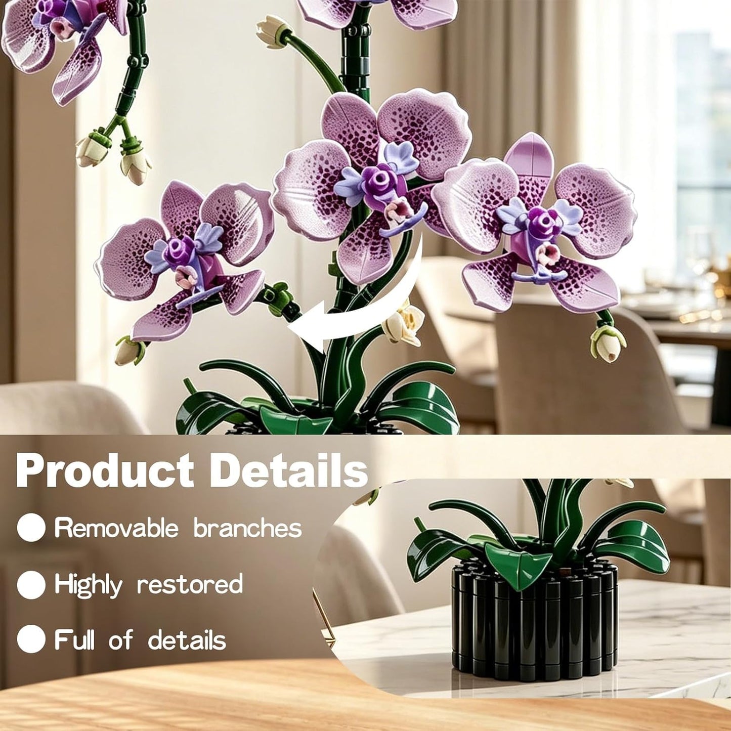 Purple Phalaenopsis Building Blocks Set,619PCS Orchid Model Kit,Birthday Gift Compatible with Lego Flowers for Adults Women Girls Boys Age 14+