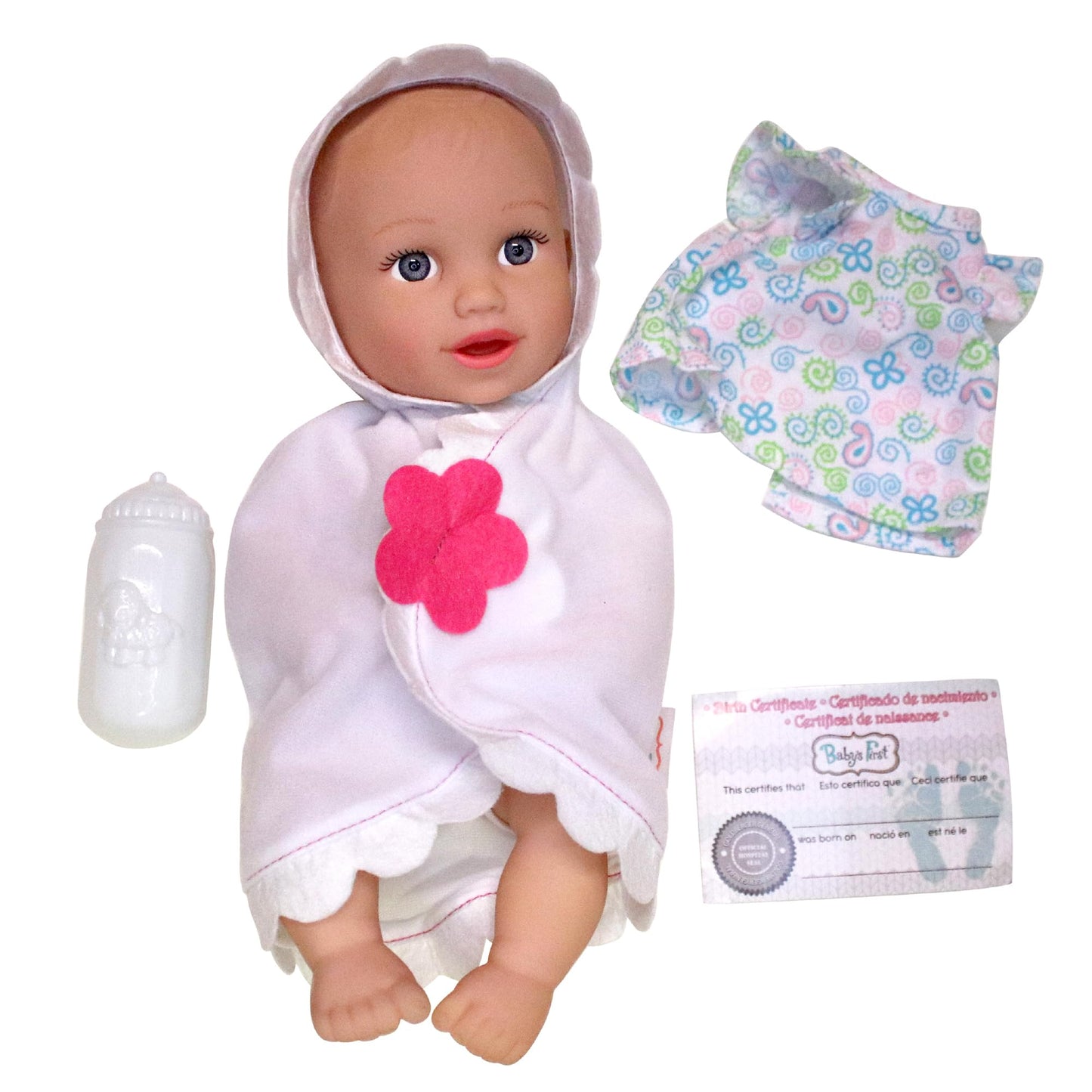 Goldberger Baby's First: 13" Skin-So-Soft Playful Bathtime Baby Softina - White Bath Blanket with Pink Flower - Bath Time Doll, 4 Accessories Pieces