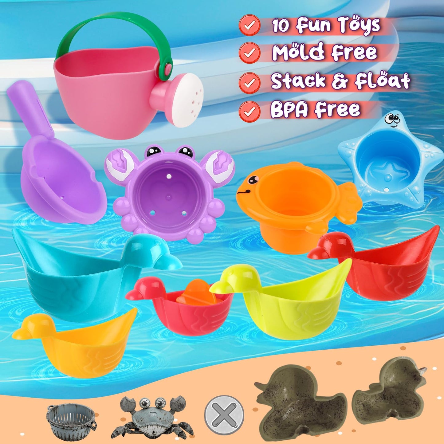 10 Pcs Bath Toys for Kids Ages 1-3, Bathtub & Pool Water Toys for Toddlers 1-3 & Babies 12-18 Months, Water Table Accessories with Floating Ducks