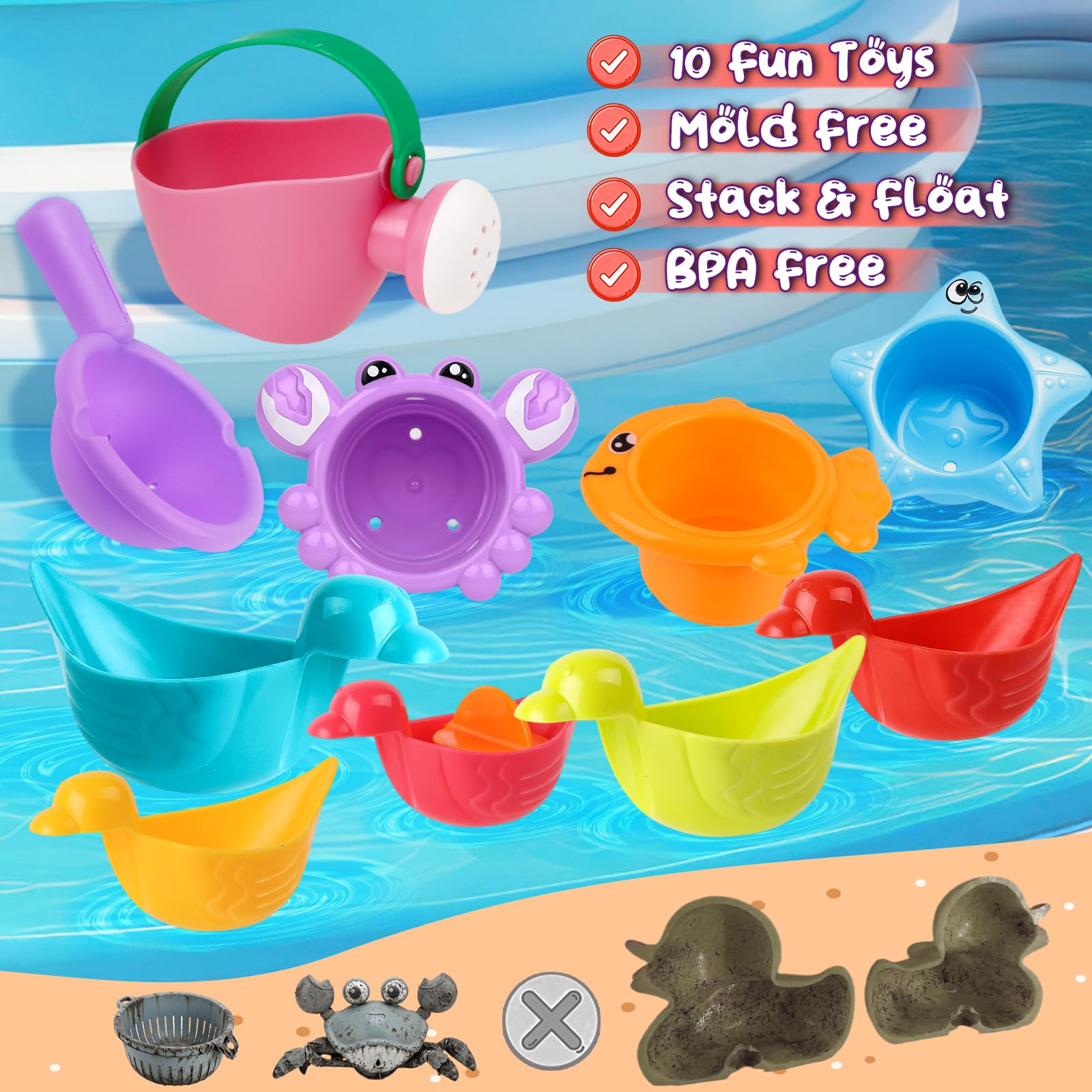 10 Pcs Bath Toys for Kids Ages 1-3, Bathtub & Pool Water Toys for Toddlers 1-3 & Babies 12-18 Months, Water Table Accessories with Floating Ducks