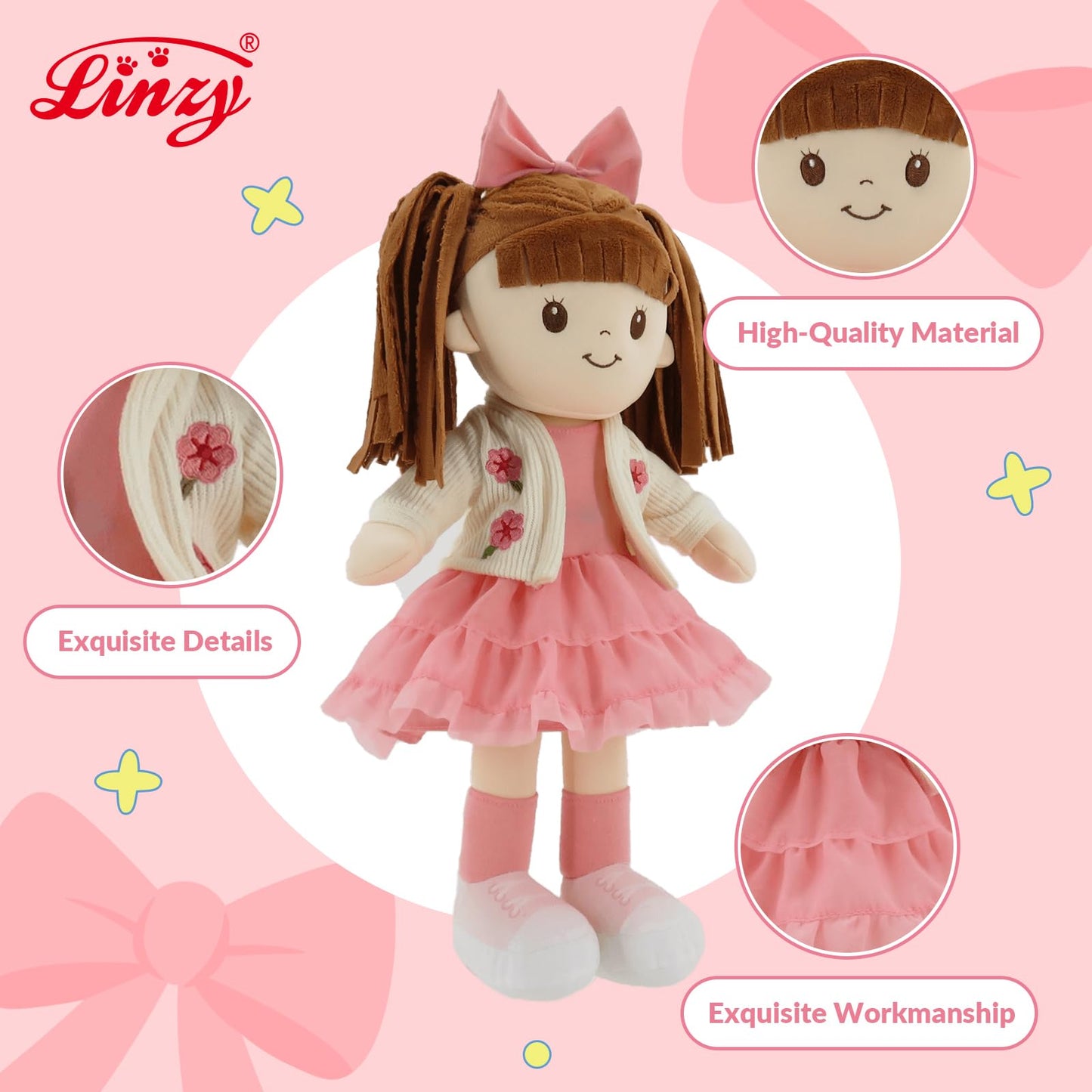 Linzy 15" Little Sweet Hearts Lily Doll, My First Plush Rag Doll for Girls